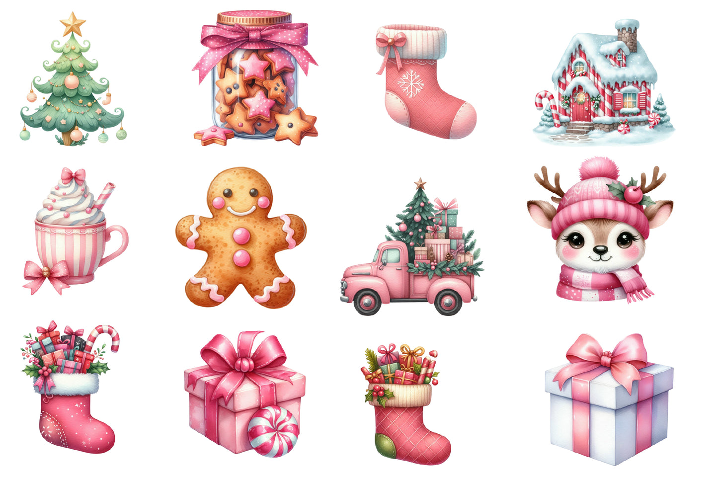 Pink Christmas Watercolor Clipart PNG Bundle | Cute Pink Christmas Clipart | Pastel Christmas Sublimation PNG