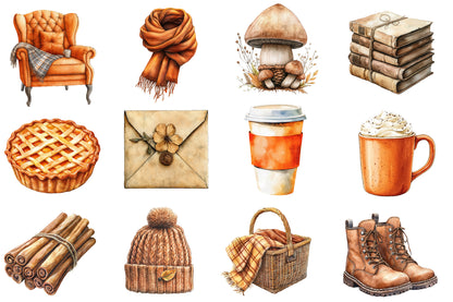 Autumn Aesthetic Elements Clipart PNG Bundle | Watercolor Fall Cozy Elements Clipart | Boho Autumn PNG