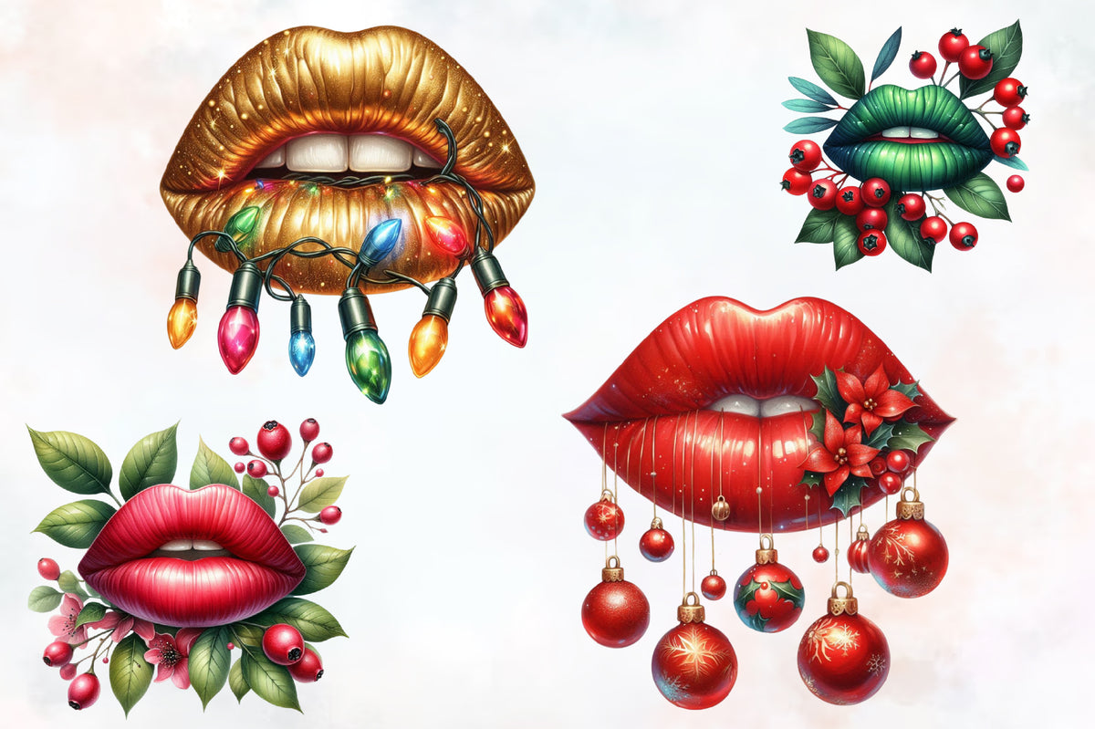 10 Christmas Lips PNG Watercolor Clipart Bundle Festive Holiday Lips