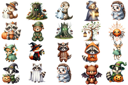 Halloween Animals Clipart PNG Bundle | Cute Spooky Animals PNG, Halloween Woodland Animal Clipart,