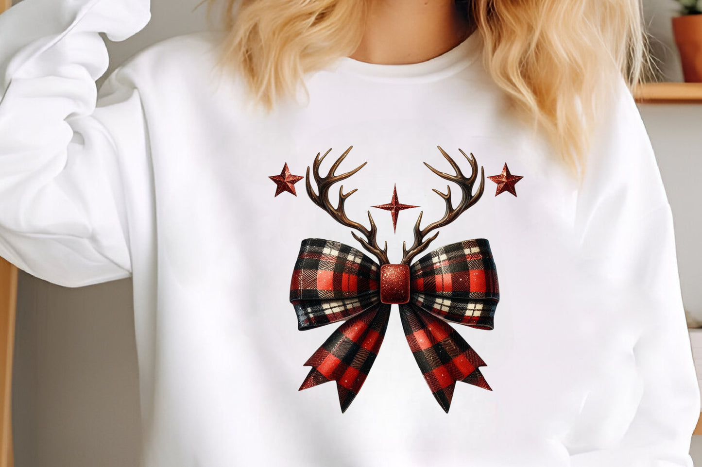 Christmas Reindeer Bow PNG Plaid Antler Holiday Christmas Sublimation