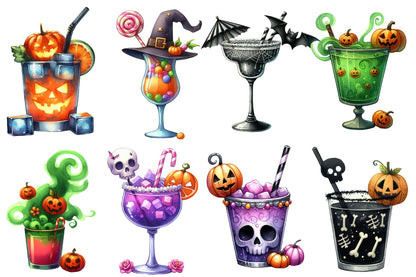 Watercolor Halloween Cocktail Clipart PNG Bundle | Spooky Drinks, Martini, Potion & Pumpkin Cocktails PNG