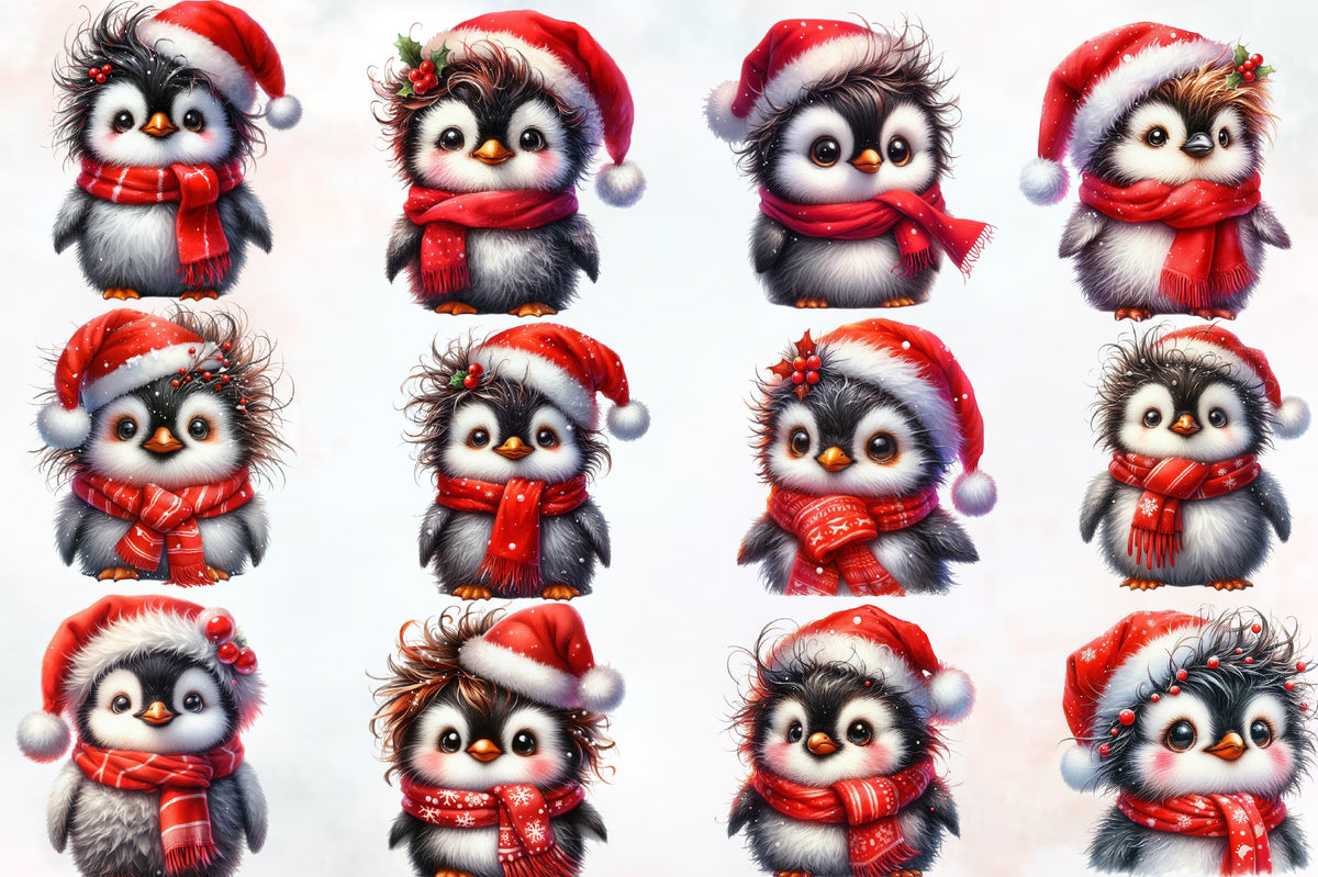 Cute Christmas Penguin PNG Bundle Watercolor Santa Penguin Clipart
