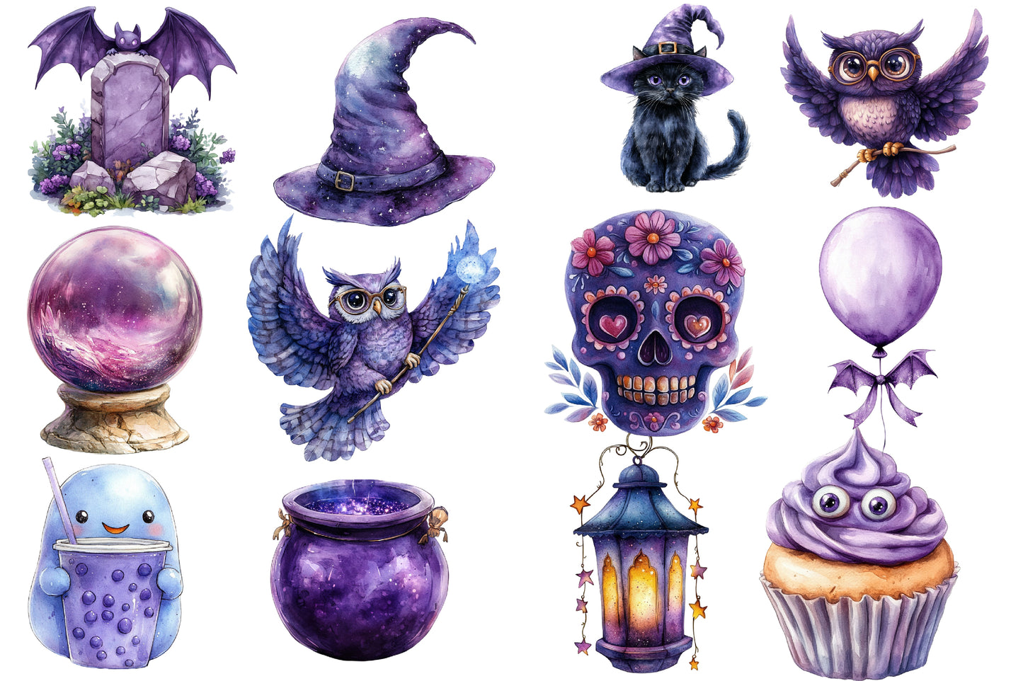 Purple Halloween Watercolor Clipart PNG Bundle | Cute Purple Halloween Clipart | Purple Halloween Sublimation PNG