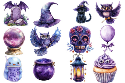 Purple Halloween Watercolor Clipart PNG Bundle | Cute Purple Halloween Clipart | Purple Halloween Sublimation PNG