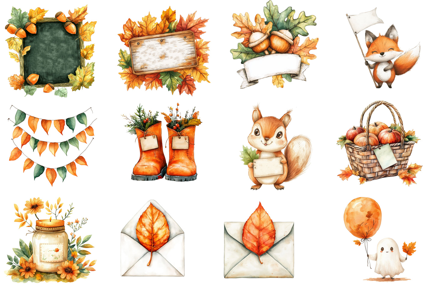 Hello Autumn Clipart PNG Bundle | Fall Watercolor Clipart, Autumn Leaves & Pumpkin PNG