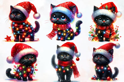 Christmas Black Cat with Lights PNG Clipart Bundle | Watercolor Black Cats with Christmas Lights, Santa Hats, Scarves & Holiday Decor