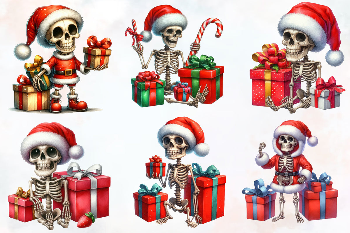 Funny Christmas Skeleton PNG Bundle Watercolor Santa Skeleton Clipart