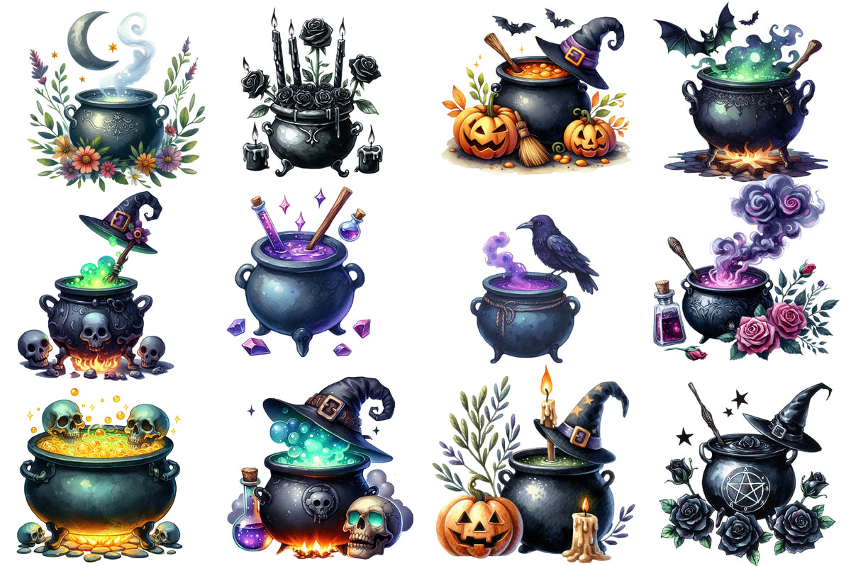 Halloween Cauldron PNG Bundle | Witch Cauldron Clipart, Black Magic Potion, Pumpkin, Rose & Raven,
