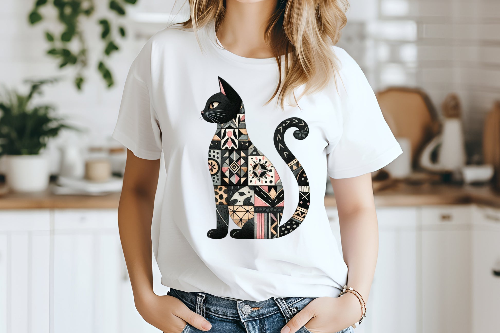 Black Cat Patchwork Halloween PNG Cute Boho Cat Sublimation