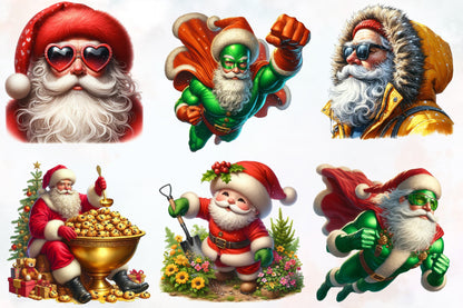 Funny Santa Christmas PNG Bundle 23 Watercolor Clipart