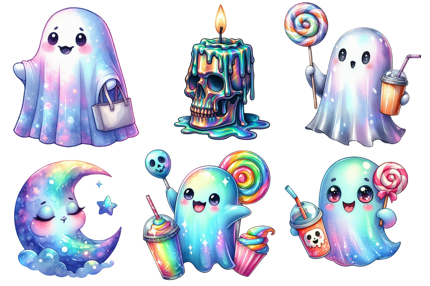 Holographic Halloween Watercolor Clipart PNG Bundle | Cute Ghost PNG, Kawaii Halloween Clipart