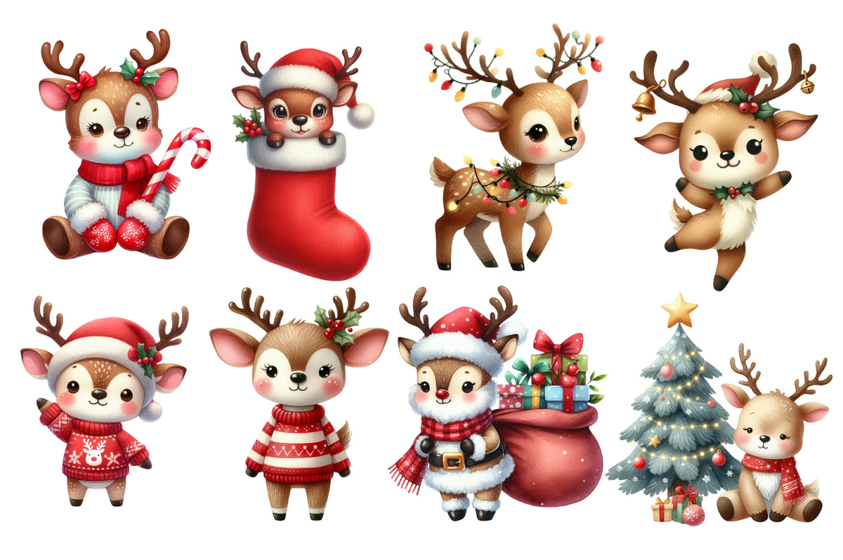 Christmas Reindeer Clipart PNG Bundle | Cute Reindeer, Santa Reindeer, Christmas Deer, Red Sweater & Holiday Reindeer