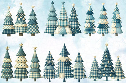 Watercolor Christmas Trees PNG Bundle Blue Plaid Holiday Trees