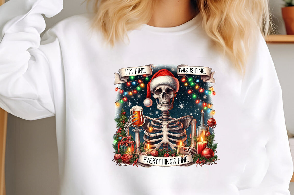 Funny Christmas Skeleton PNG Everything's Fine Santa Skull Sublimation