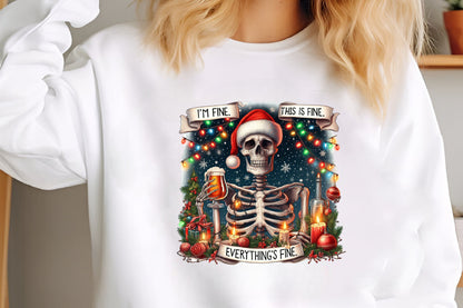 Funny Christmas Skeleton PNG Everything's Fine Santa Skull Sublimation