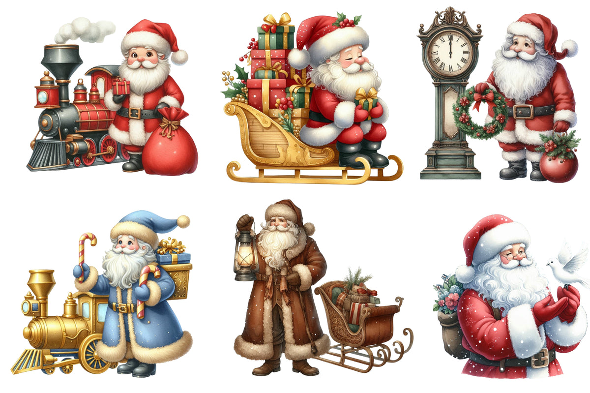 Christmas Santa Claus Clipart PNG Bundle | Watercolor Santa, Reindeer, Sleigh, Gifts, Christmas Train & Holiday Clipart