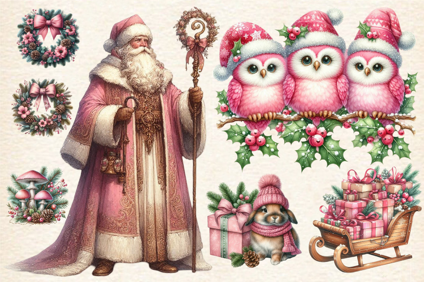 17 Watercolor Pink Christmas PNG Clipart Bundle Cute Holiday Winter