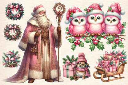 17 Watercolor Pink Christmas PNG Clipart Bundle Cute Holiday Winter