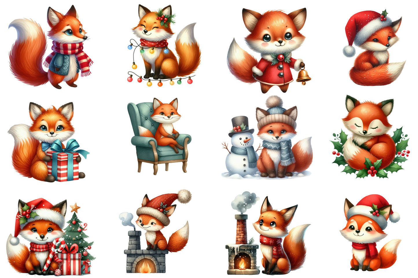 Christmas Foxes PNG Clipart Bundle | Watercolor Cute Christmas Fox Clipart | Woodland Holiday Sublimation PNG