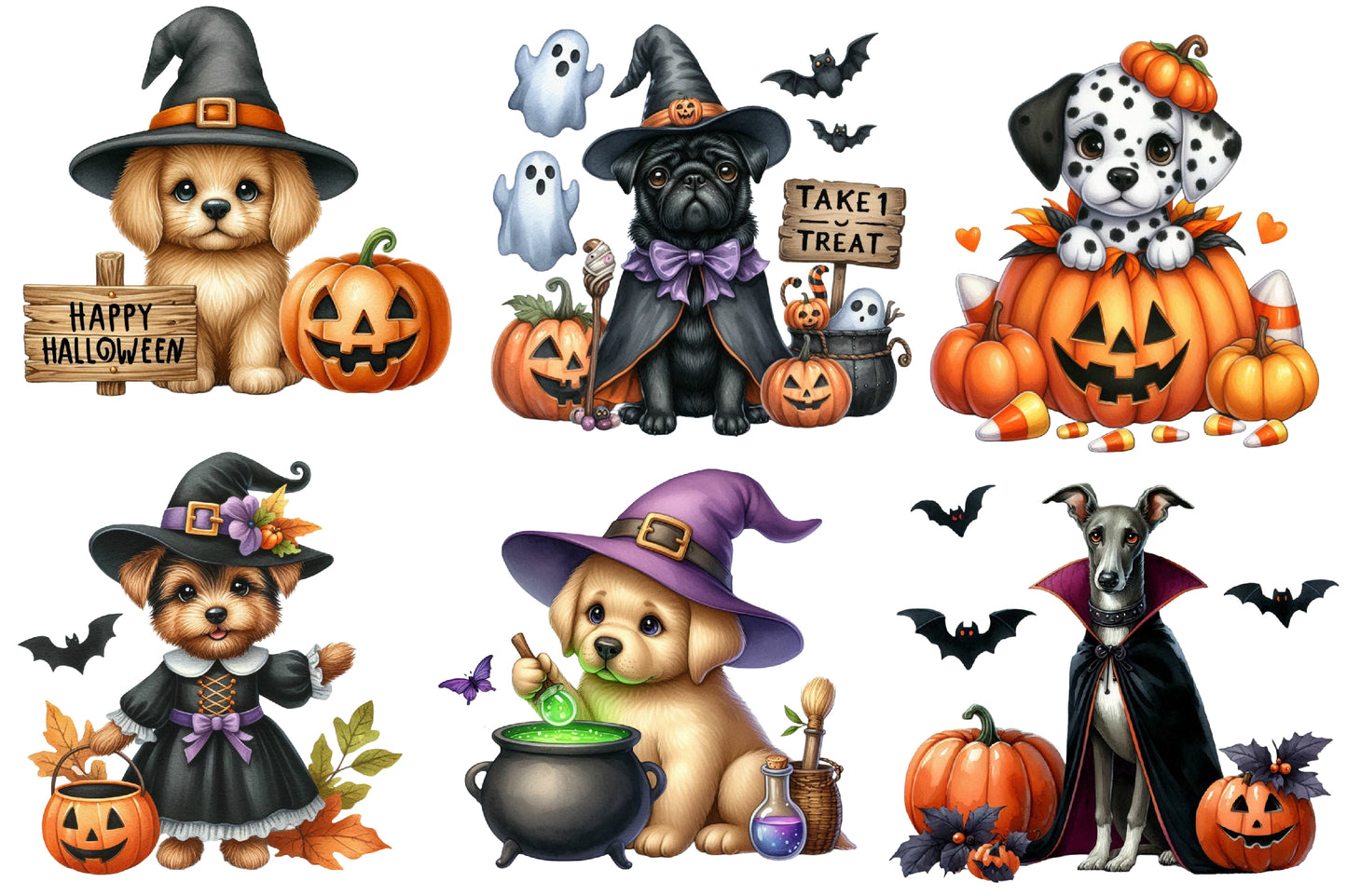 Watercolor Halloween Dogs Clipart PNG Bundle | Cute Spooky Dogs, Pumpkins, Ghosts & Witch Costumes PNG