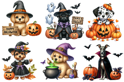 Watercolor Halloween Dogs Clipart PNG Bundle | Cute Spooky Dogs, Pumpkins, Ghosts & Witch Costumes PNG