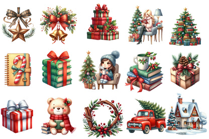 Christmas Planner Clipart SVG PNG Bundle | Cute Holiday Planner Stickers | Watercolor Christmas Planner Elements