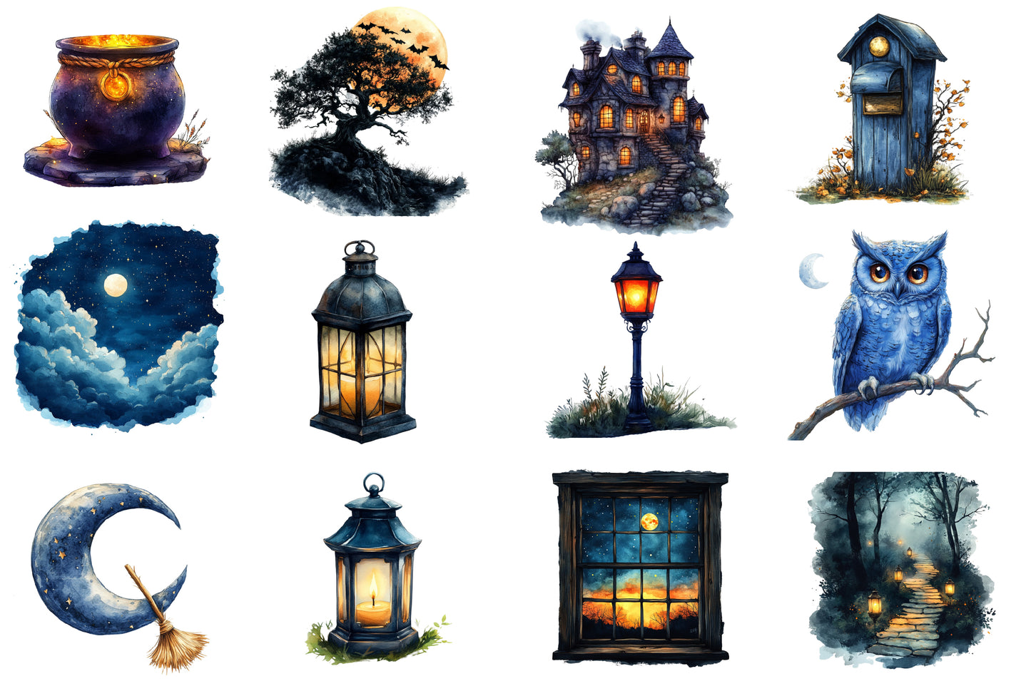 Halloween Night Clipart PNG | Spooky Night PNG, Halloween Moon Clipart, Owl & Haunted House PNG,