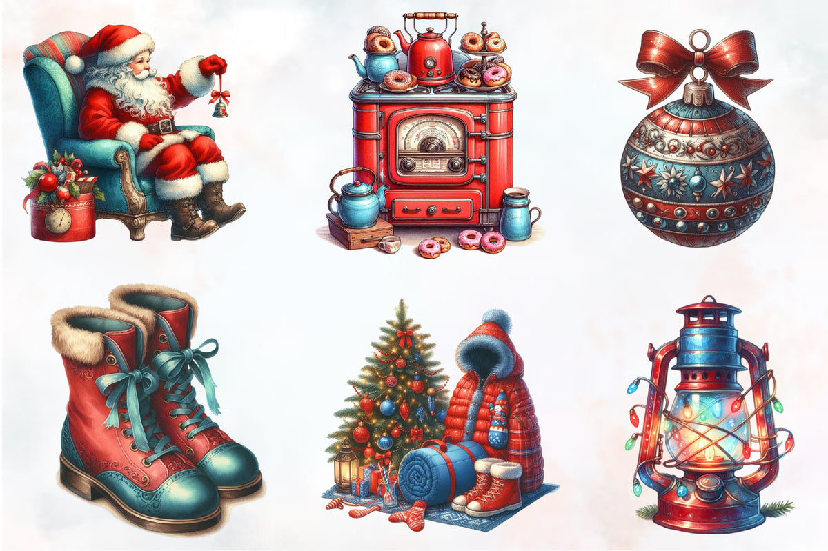 Christmas Red & Blue Camping PNG Bundle 21 Watercolor Clipart