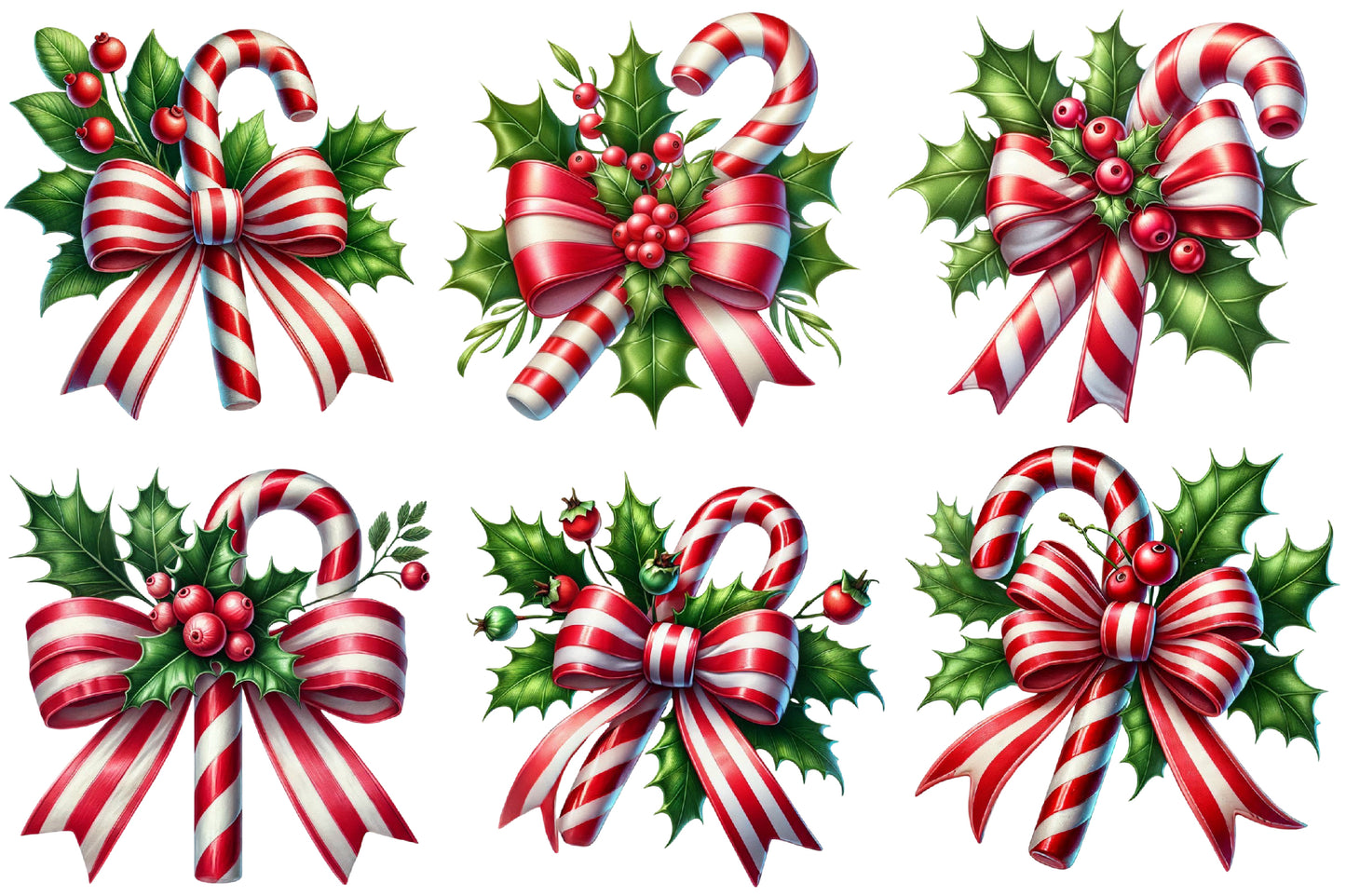 Christmas Coquette Bow Clipart PNG Bundle | Candy Cane Bow, Holly Berry, Christmas Ribbon & Festive Watercolor Designs