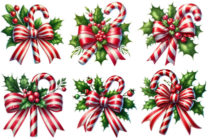Christmas Coquette Bow Clipart PNG Bundle | Candy Cane Bow, Holly Berry, Christmas Ribbon & Festive Watercolor Designs