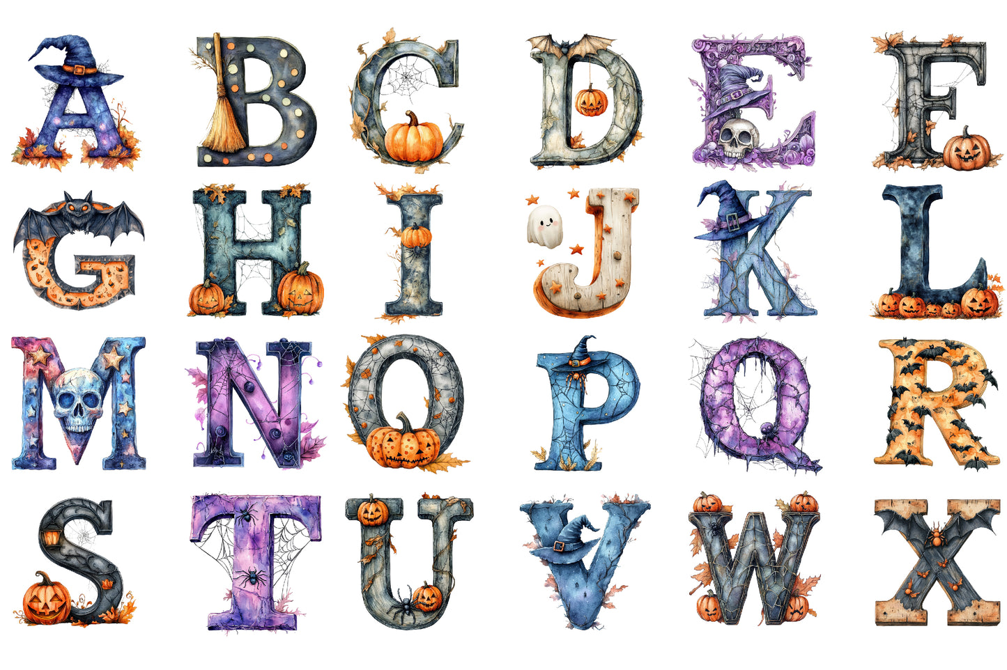 Halloween Alphabet Clipart PNG Bundle | Spooky Halloween Letters A-Z, Gothic Alphabet PNG