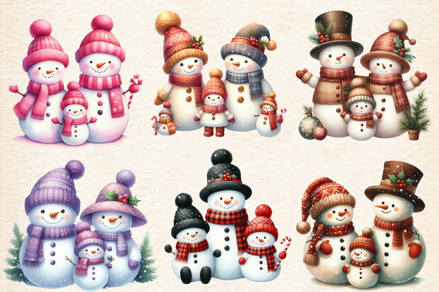 Christmas Snowman Family PNG Clipart Bundle | Watercolor Cute Snowman, Snow Family, Winter Holiday Designs