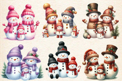 Christmas Snowman Family PNG Clipart Bundle | Watercolor Cute Snowman, Snow Family, Winter Holiday Designs