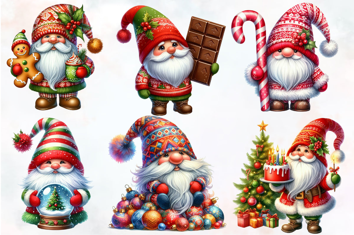 22 Christmas Holiday Gnome PNG Watercolor Clipart Bundle Festive Gnomes