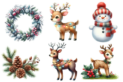 Cute Christmas Day Clipart PNG Bundle | Winter House, Deer, Angel, Snowman, Christmas Tree, Wreath, Lantern & Holiday Decorations