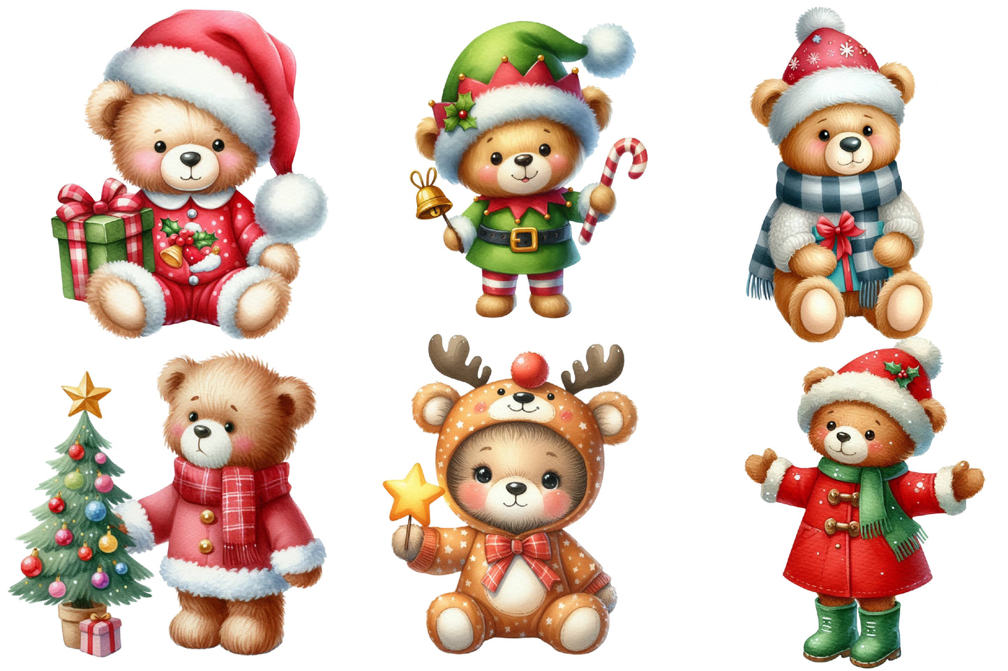 Teddy Bear Christmas Watercolor Clipart PNG Bundle | Christmas Teddy Bear PNG | Cute Bear Sublimation