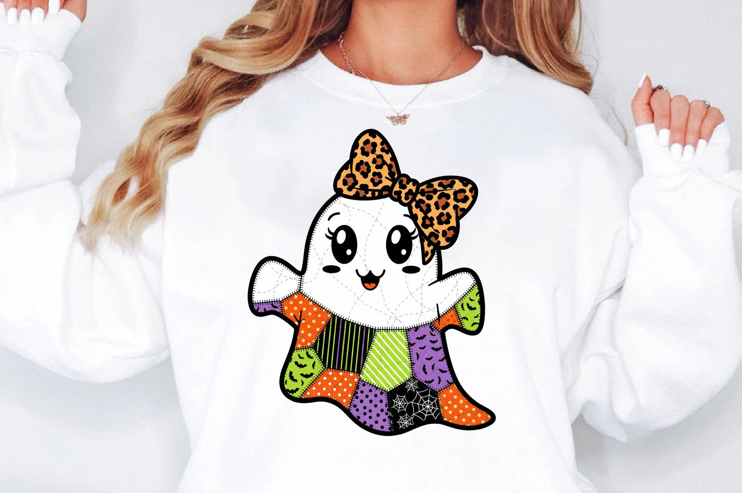Cute Patchwork Halloween Ghost Leopard Bow PNG