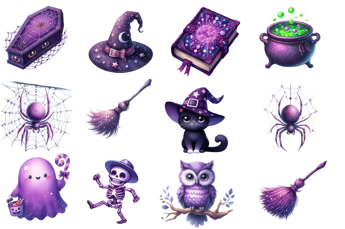 Halloween Clipart PNG Bundle | Purple Witch, Owl, Cat, Ghost, Bat, Pumpkin & Haunted House PNG