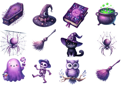 Halloween Clipart PNG Bundle | Purple Witch, Owl, Cat, Ghost, Bat, Pumpkin & Haunted House PNG