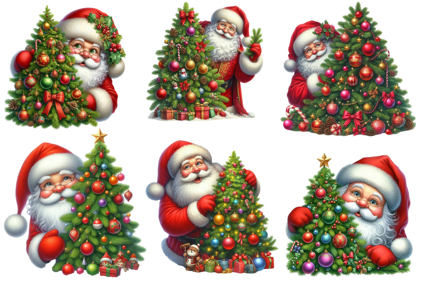 Watercolor Christmas Tree Santa Claus Clipart PNG Bundle | Festive Christmas Tree & Santa Designs