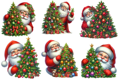 Watercolor Christmas Tree Santa Claus Clipart PNG Bundle | Festive Christmas Tree & Santa Designs