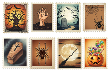 Halloween Postage Stamp Clipart PNG | Vintage Halloween Stamp Collection, Spooky Postage Ephemera,