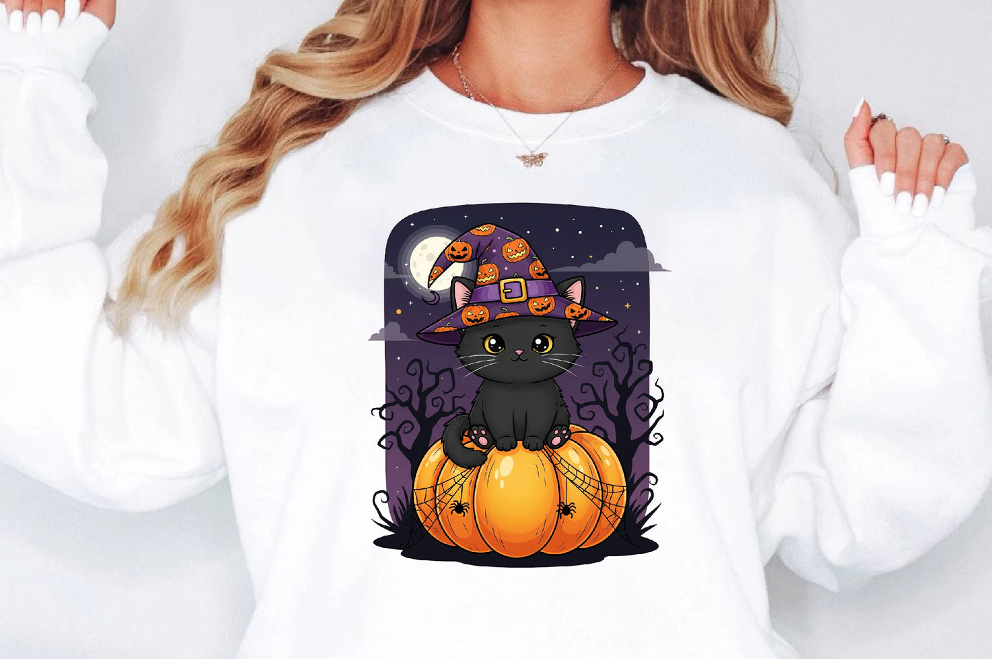 Cute Black Cat Witch Halloween Pumpkin PNG