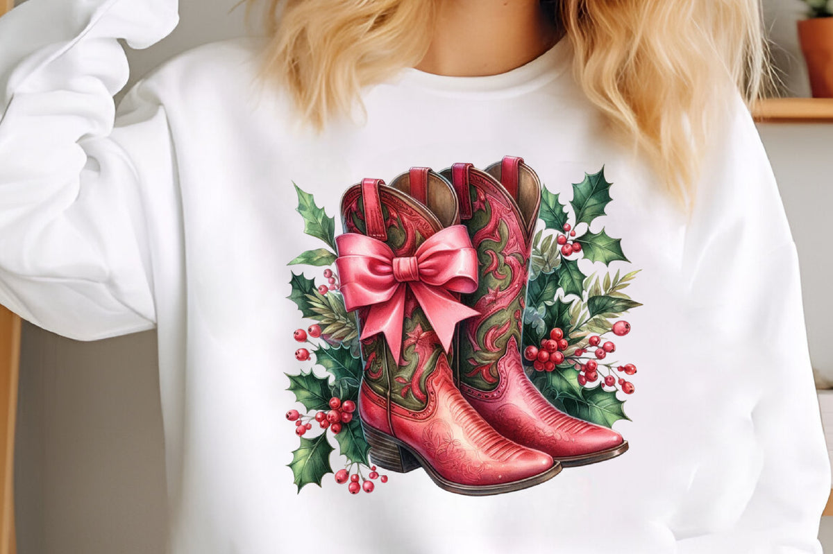 Christmas Pink Cowboy Boots PNG Sublimation Bundle Western Holiday Boots Clipart