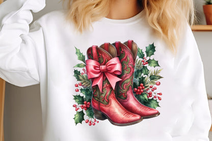 Christmas Pink Cowboy Boots PNG Sublimation Bundle Western Holiday Boots Clipart