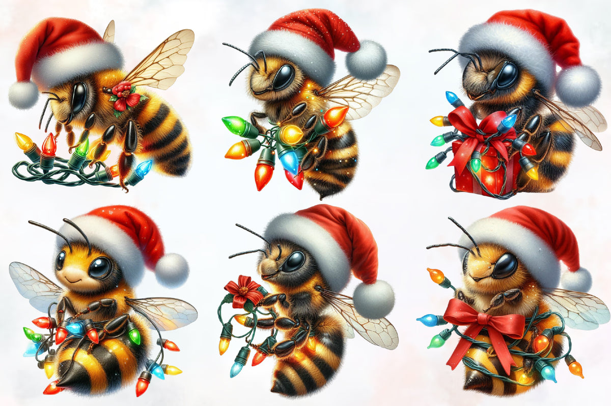14 Christmas Bee PNG Clipart Bundle Watercolor Santa Bee Holiday Insect
