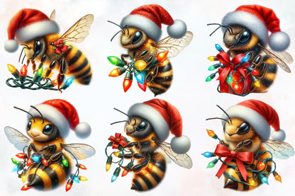14 Christmas Bee PNG Clipart Bundle Watercolor Santa Bee Holiday Insect