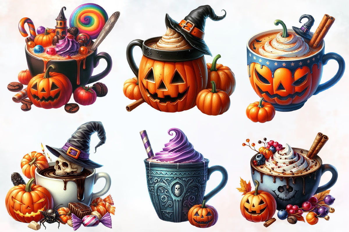 Halloween Coffee Cup PNG Bundle Spooky Pumpkin Coffee Watercolor Clipart