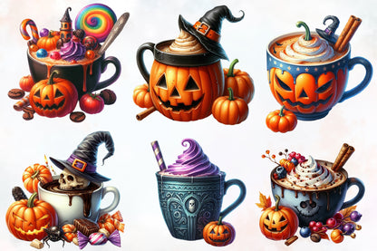 Halloween Coffee Cup PNG Bundle Spooky Pumpkin Coffee Watercolor Clipart
